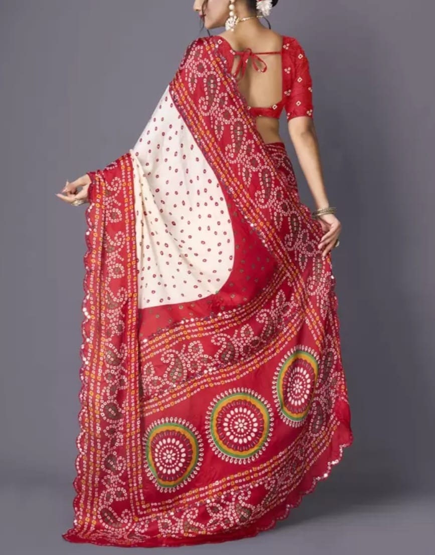 Bandhani Art Silk Saree, Cream and red saree, Bandhani printed saree with embellished border,With FREE Matching Petticoat