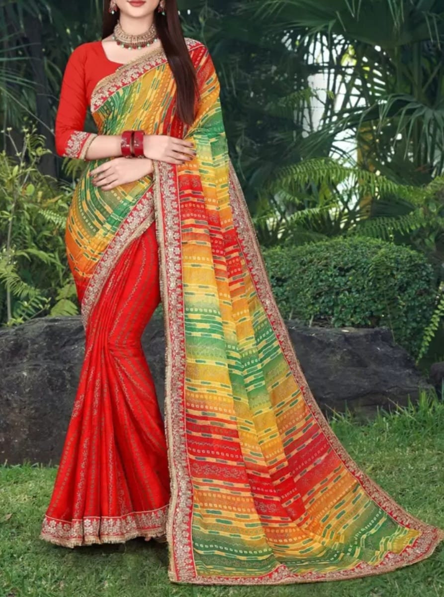 Bandhani Embroidered Bandhani Saree, Red and green bandhani saree, Bandhani printed saree with embroidered border, FREE Matching Petticoat