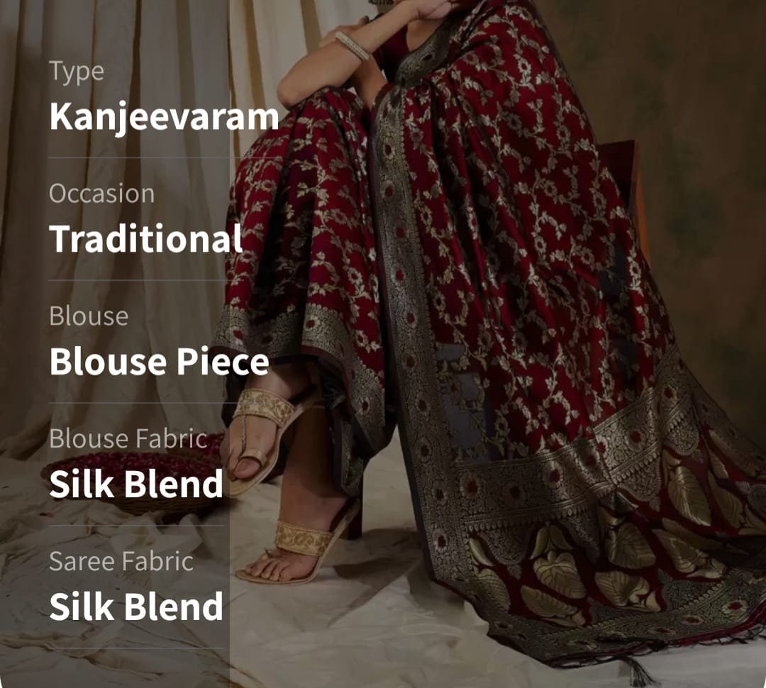 Woven Design Zari Kanjeevaram Saree, Maroon and golden kanjeevaram saree, Saree With FREE Matching Petticoat