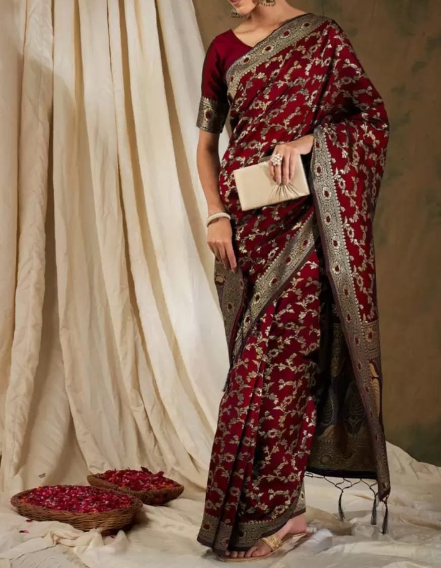 Woven Design Zari Kanjeevaram Saree, Maroon and golden kanjeevaram saree, Saree With FREE Matching Petticoat
