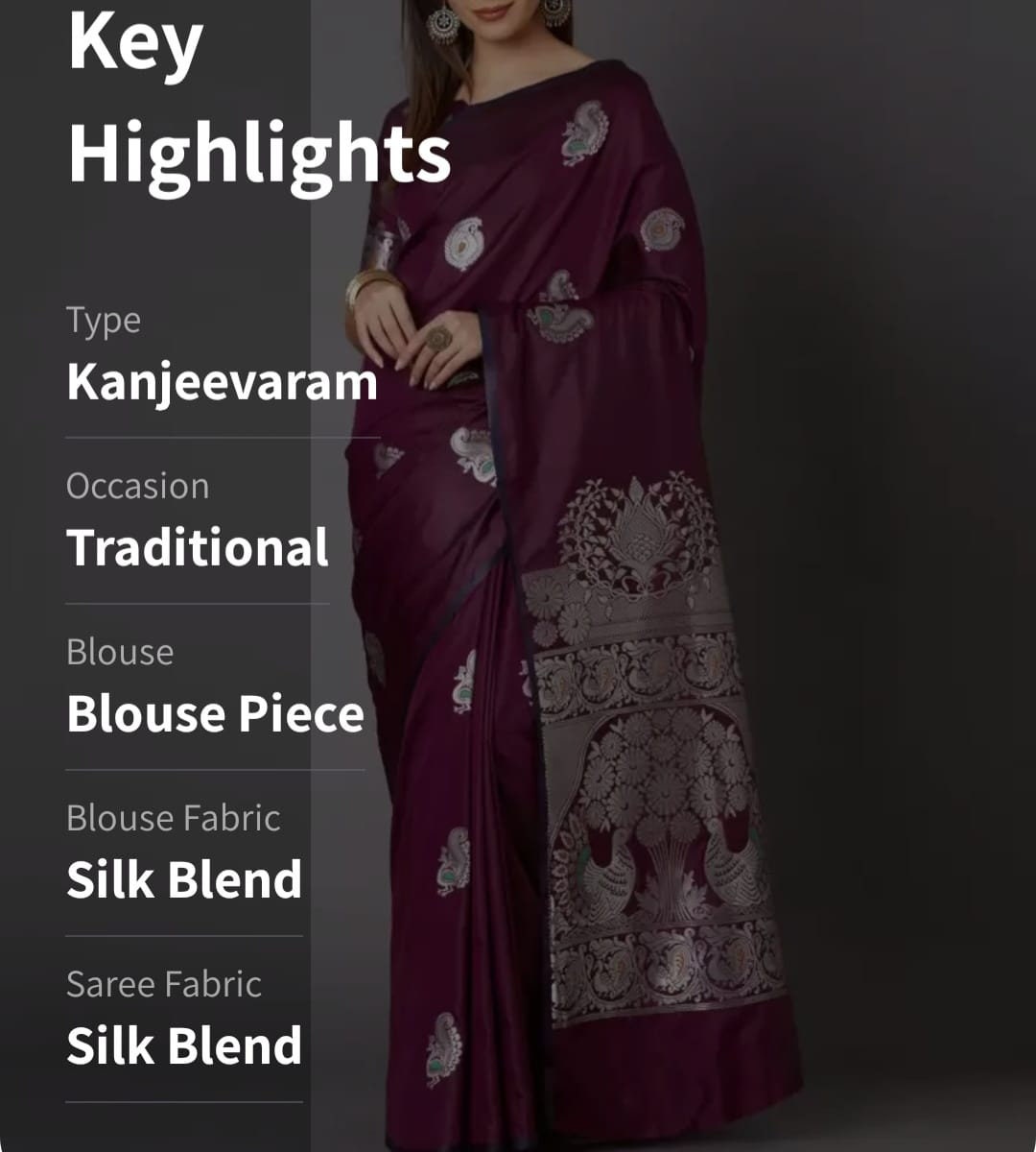 Purple & Silver-Toned Silk Blend Woven Design Kanjeevaram Saree, Saree With FREE Matching Petticoat