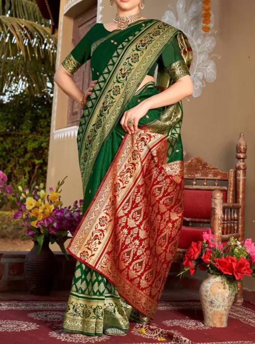 Green Red Woven Design Zari Art Silk Chanderi Sari Elegant Bridal Indian Festive Saree Silk Blend Banarasi Style Saree Woven Border Gift Set