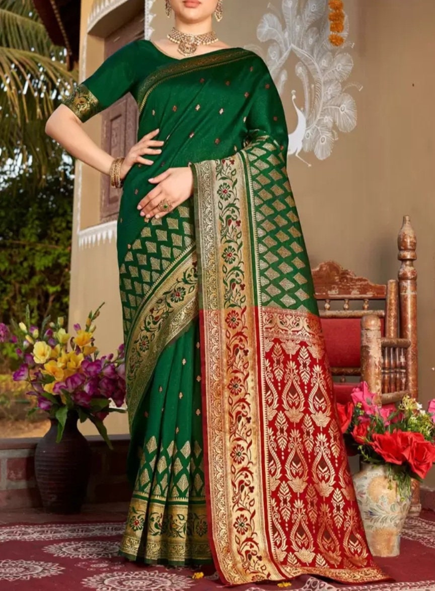 Green Red Woven Design Zari Art Silk Chanderi Sari Elegant Bridal Indian Festive Saree Silk Blend Banarasi Style Saree Woven Border Gift Set