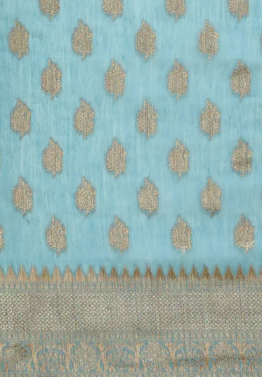 Blue Gold Toned Woven Design Chanderi Cotton Saree Elegant Zari Border Bridal Wear Saree Indian Festivals Puja Gift Set Banarasi Style Sari