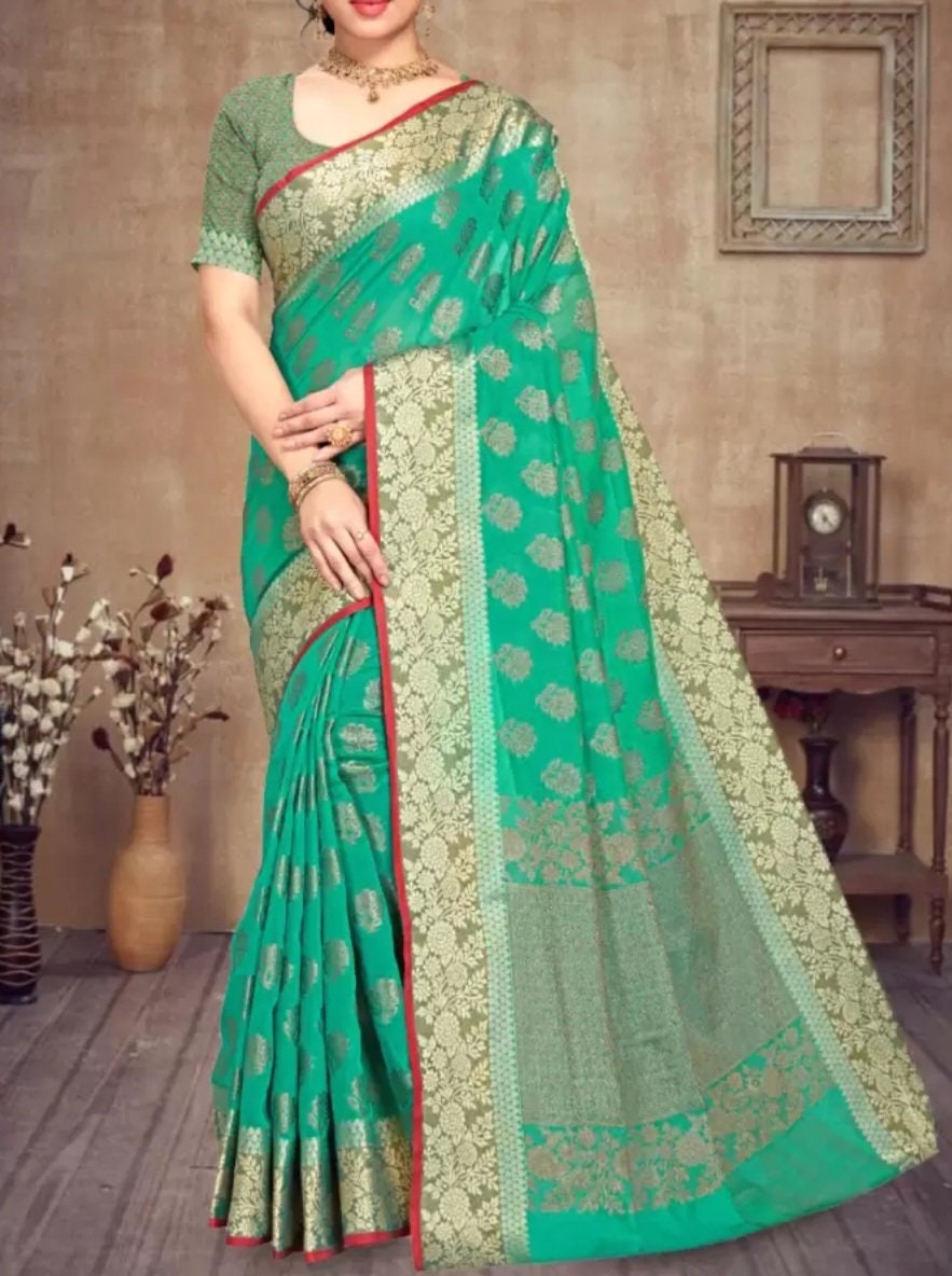 Green Gold Toned Woven Design Zari Pure Cotton Chanderi Saree Elegant Bridal Party Wear Saree Heavy Work Zari Border Sari Gift Set for Puja