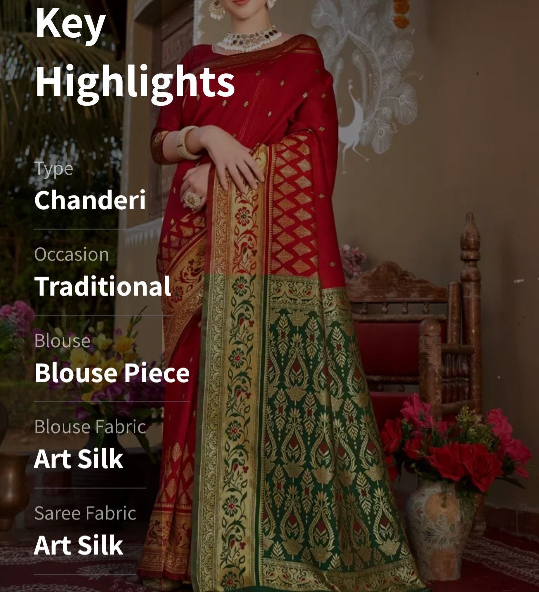 Red Green Ethnic Motifs Woven Design Zari Chanderi Sari Elegant Bridal Party Wear Saree for Indian Festivals Banarasi Sari Gift Set for Puja