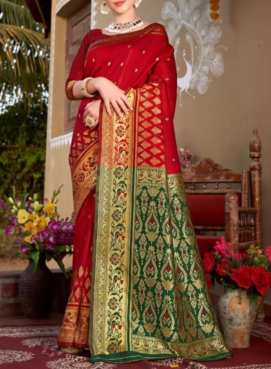 Red Green Ethnic Motifs Woven Design Zari Chanderi Sari Elegant Bridal Party Wear Saree for Indian Festivals Banarasi Sari Gift Set for Puja
