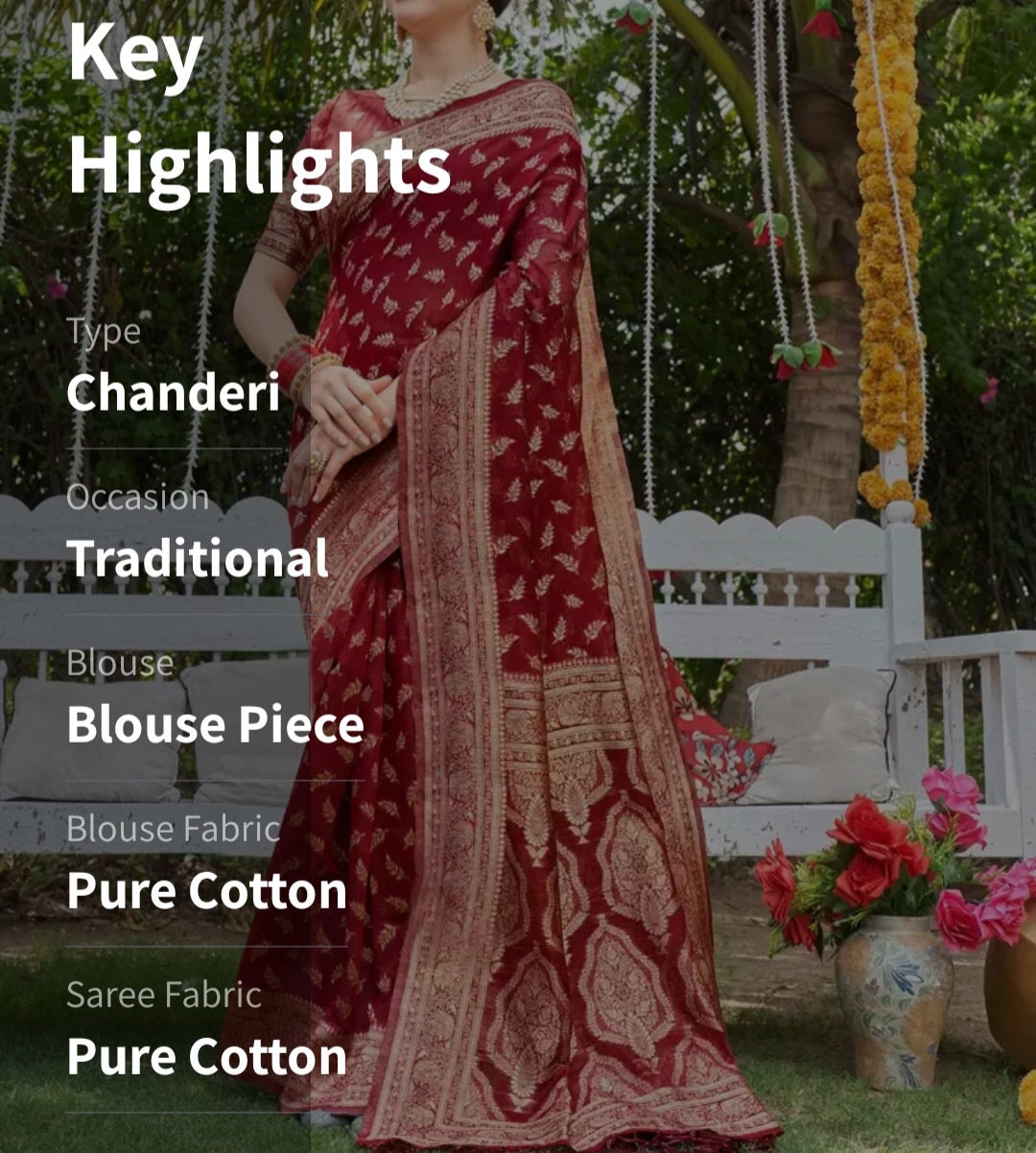 Red Gold Ethnic Motifs Woven Design Zari Detailed Pure Cotton Chanderi Saree for Bridal Puja Elegant Indian Festive Banarasi Style Gift Set