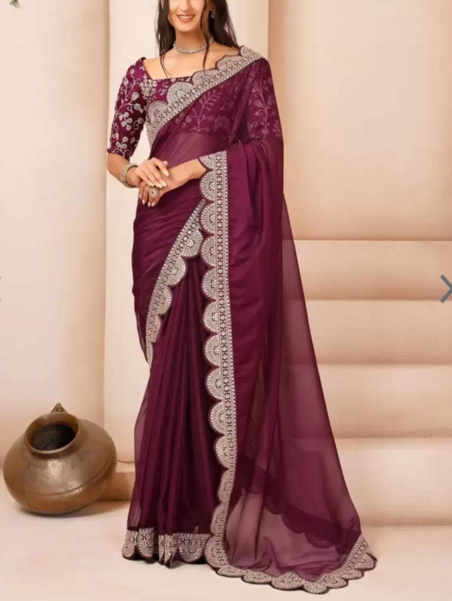 Mauve Gold Toned Floral Embroidered Sequinned Organza Saree with FREE Matching Petticoat Elegant Party Wear Traditional Ethnic Saree