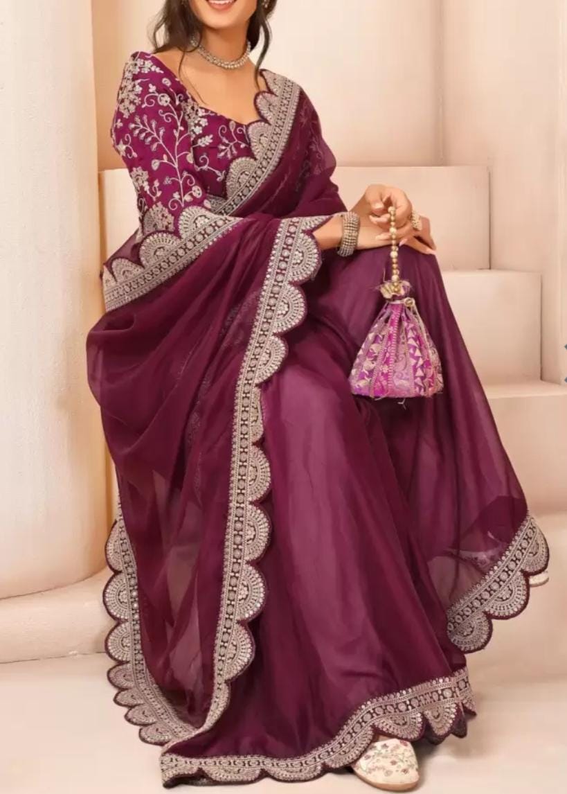 Mauve Gold Toned Floral Embroidered Sequinned Organza Saree with FREE Matching Petticoat Elegant Party Wear Traditional Ethnic Saree