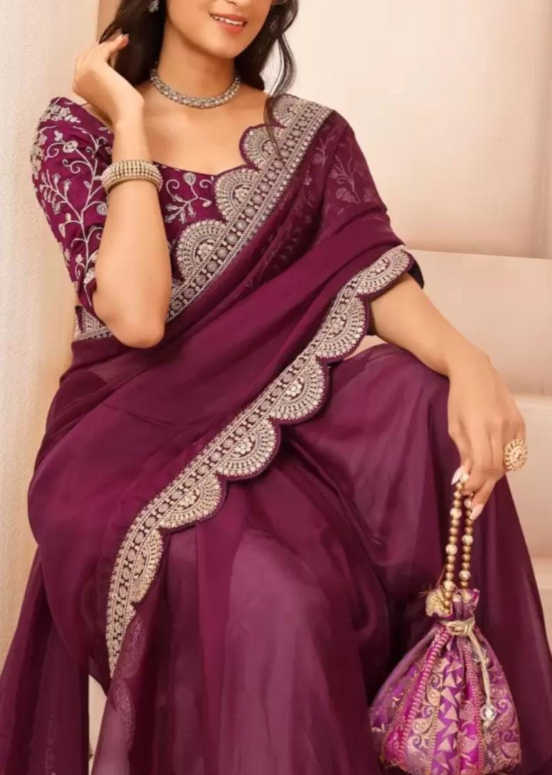 Mauve Gold Toned Floral Embroidered Sequinned Organza Saree with FREE Matching Petticoat Elegant Party Wear Traditional Ethnic Saree