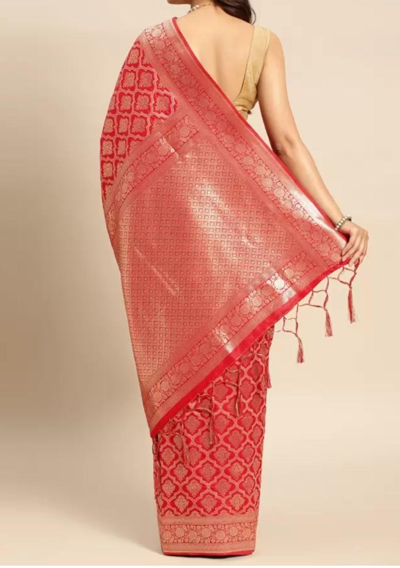 Red Ethnic Motifs Zari Pure Silk Kanjeevaram Saree with FREE Matching Petticoat Elegant Bridal Saree Ideal for Weddings Indian Celebrations