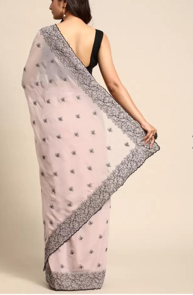 Lavender Black Floral Embroidered Chiffon Saree with Embroidered Border Includes Free Petticoat – Perfect for Weddings Parties Ethnic Wear