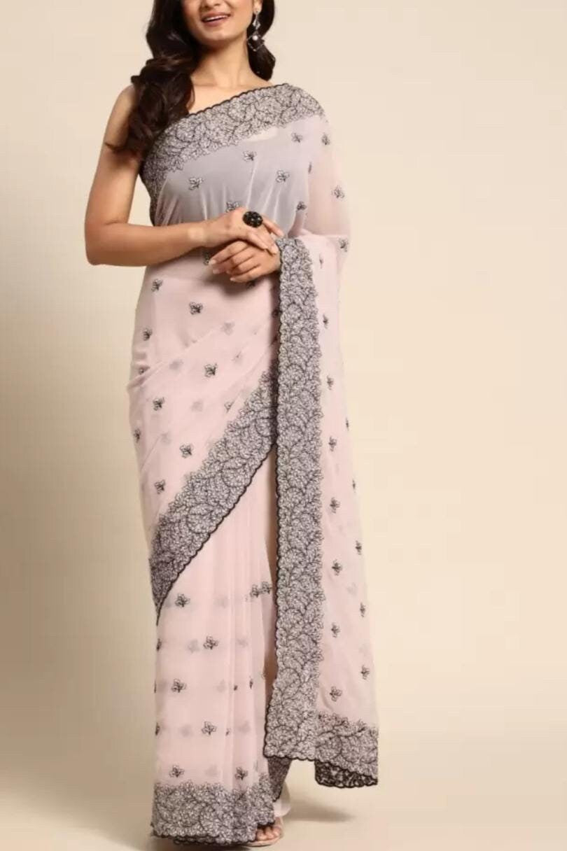 Lavender Black Floral Embroidered Chiffon Saree with Embroidered Border Includes Free Petticoat – Perfect for Weddings Parties Ethnic Wear