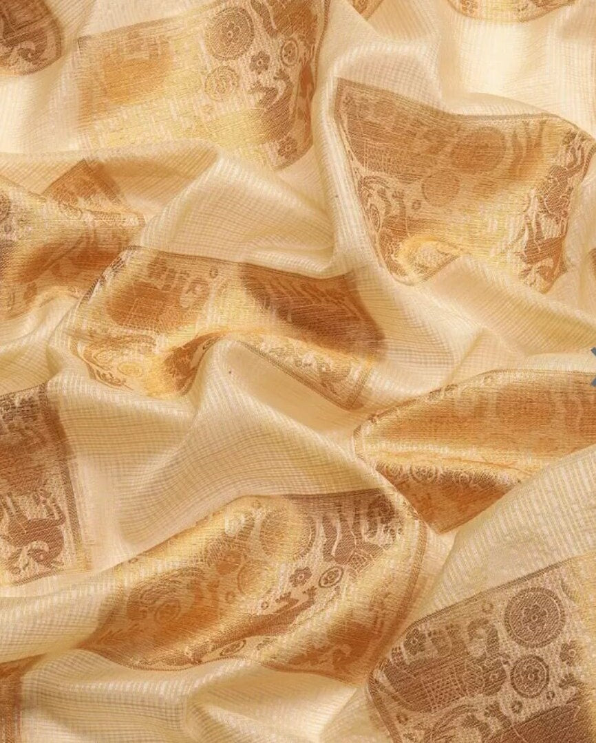 Beige Gold Ethnic Motifs Zari Jute Silk Tussar Saree Perfect for Designer Ethnic Wedding Partywear Handloom Boutique Festive Bridal Occasion
