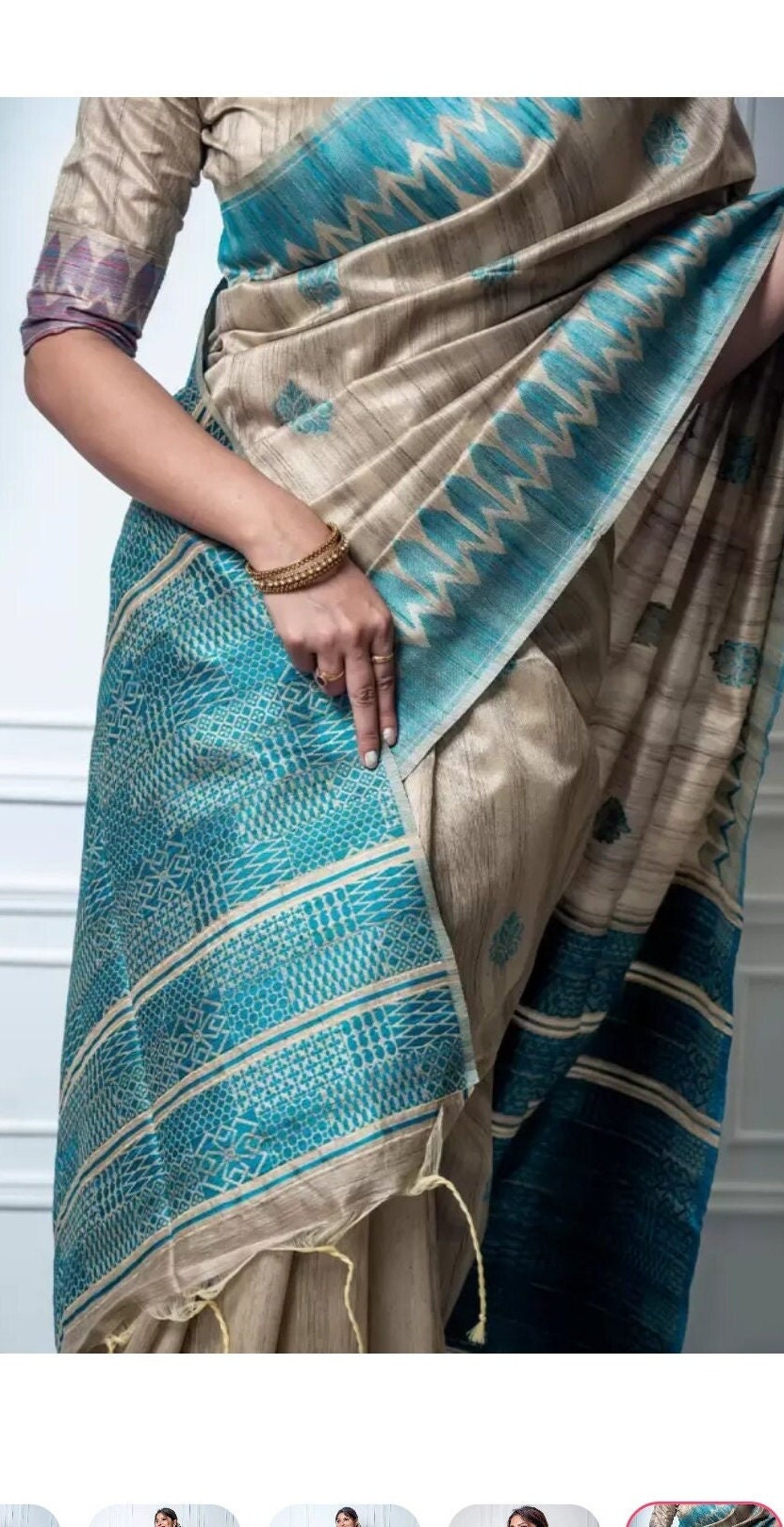 Sea Green Beige Embellished Zari Jute Silk Tussar Saree with Woven Design Border Ethnic Wedding Partywear Handloom Boutique Festive Bridal