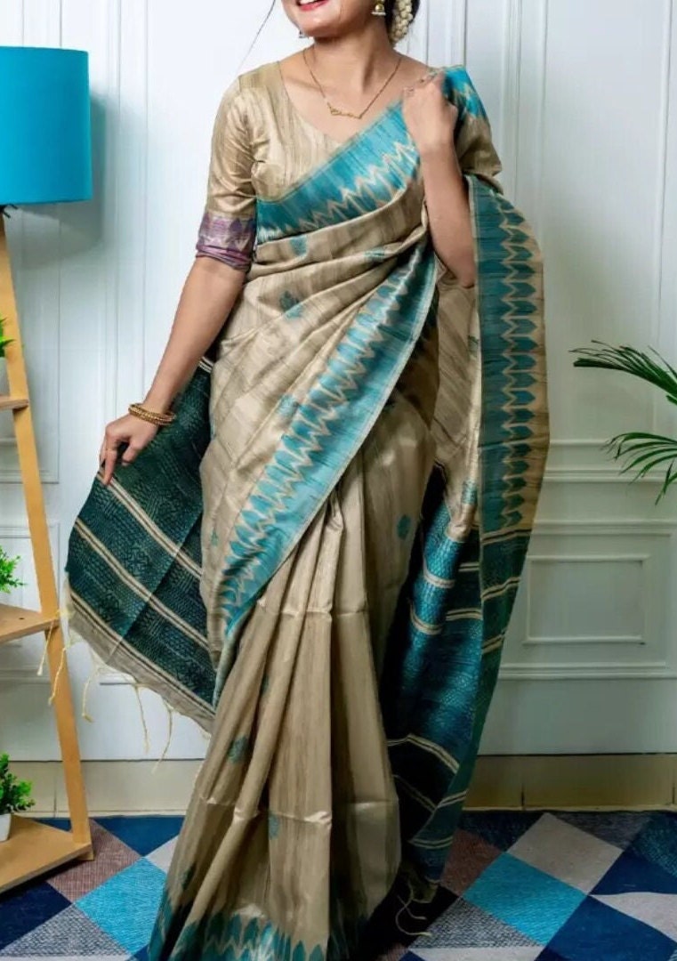 Sea Green Beige Embellished Zari Jute Silk Tussar Saree with Woven Design Border Ethnic Wedding Partywear Handloom Boutique Festive Bridal