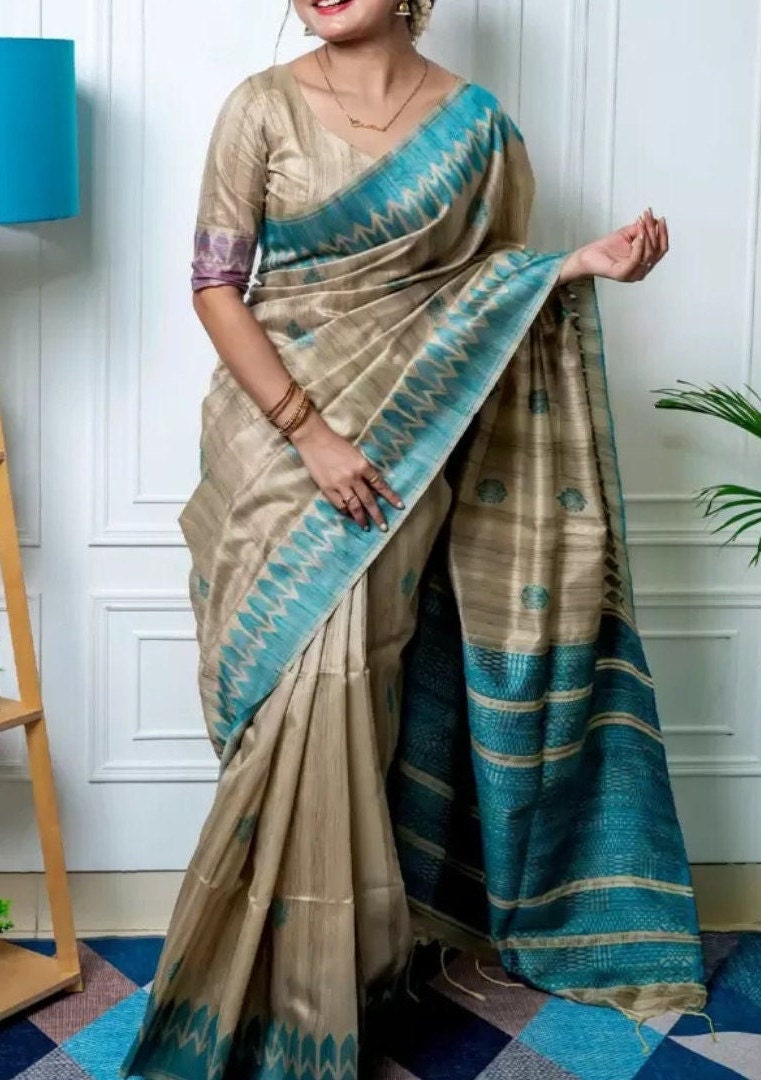 Sea Green Beige Embellished Zari Jute Silk Tussar Saree with Woven Design Border Ethnic Wedding Partywear Handloom Boutique Festive Bridal