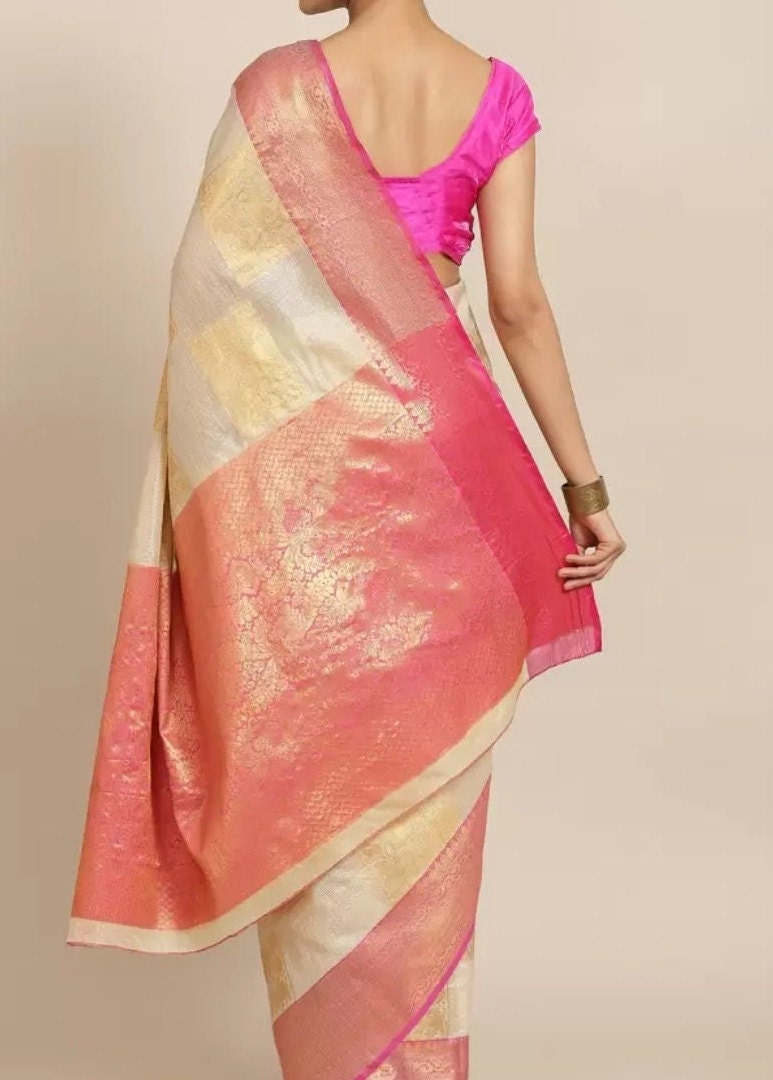 Beige Pink Woven Design Zari Jute Silk Tussar Sari with Geometric Pattern Zari Border Tussar Silk Ethnic Wedding Partywear Festive Occasions