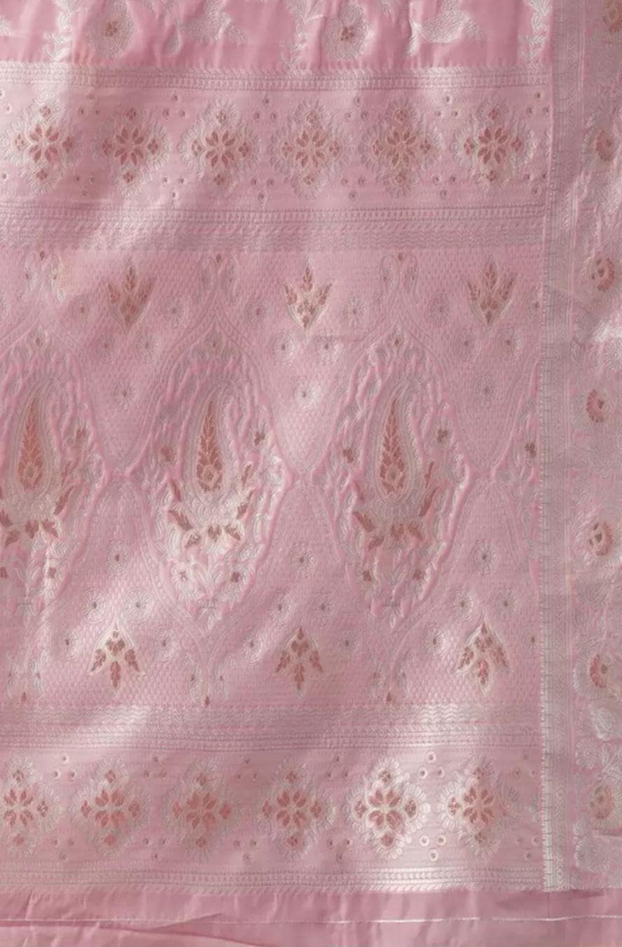 Baby Pink Banarasi Saree with Woven Design Silk Cotton Zari Work Border Ideal for Pooja Weddings and Traditional Celebrations