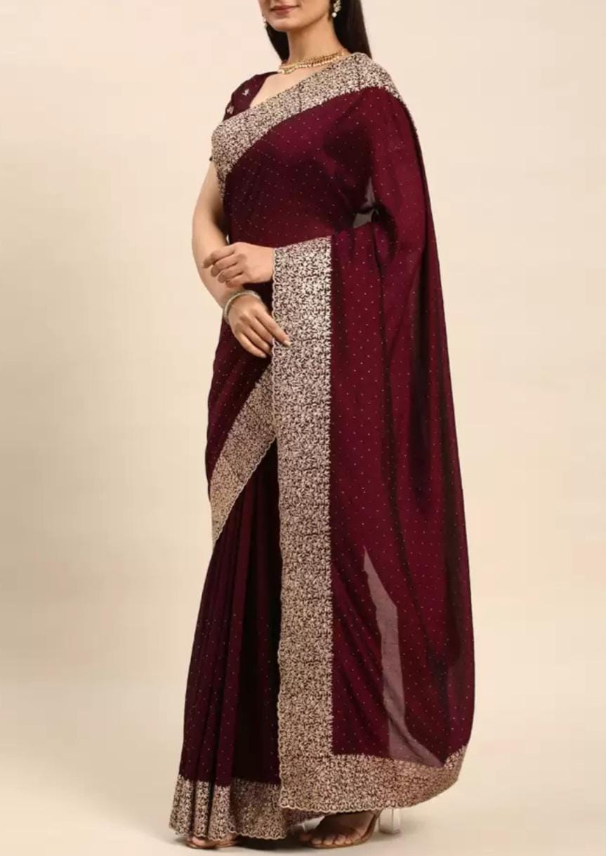Poly Silk Magenta Maroon Silver Toned Embellished Embroidered Saree with Woven Design Border Perfect for Weddings Parties Festive Occasions