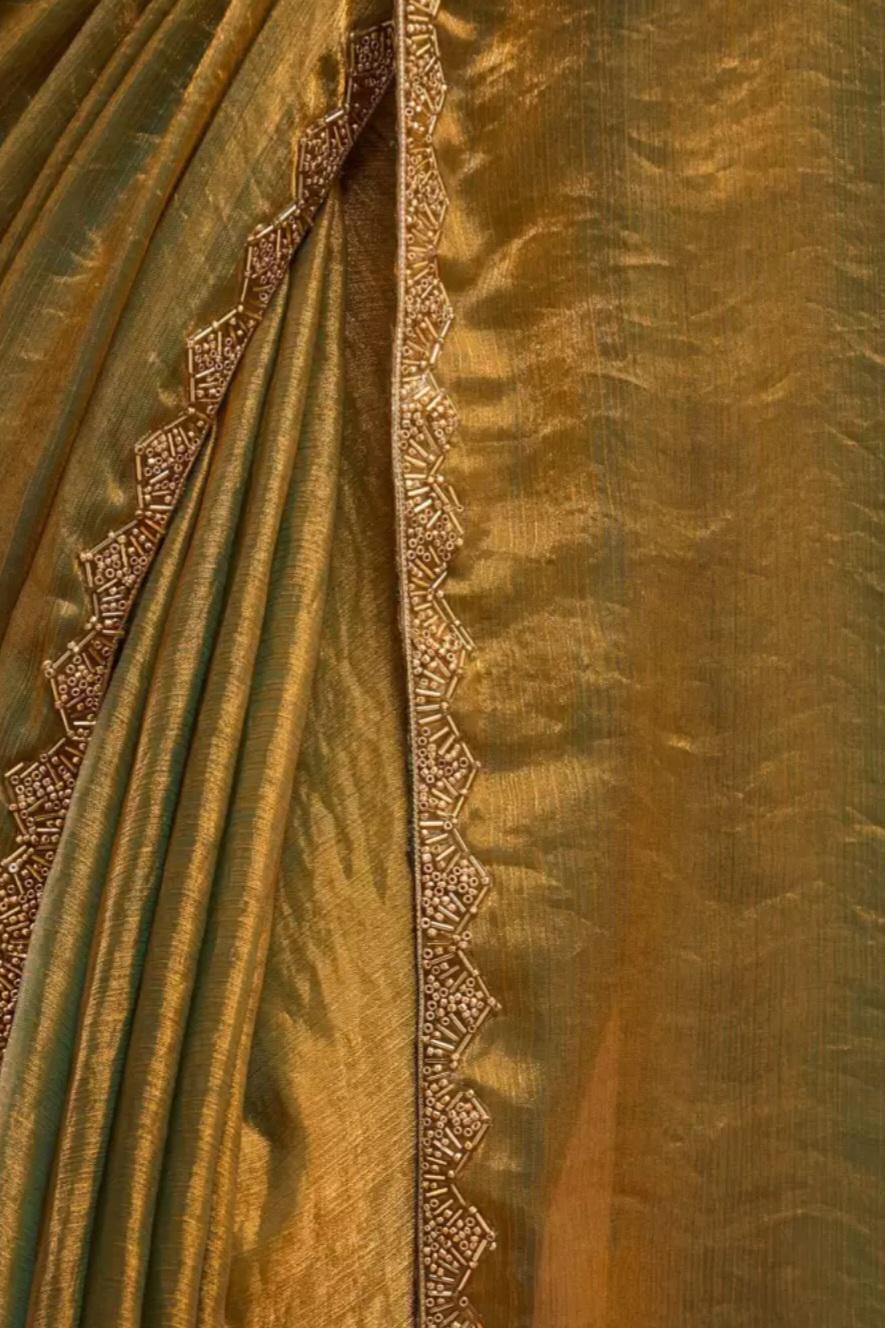 Gold & Silver-Toned Embellished Saree with Beads and Stones Designer Tissue Saree with FREE Matching Petticoat Luxury Wedding Reception Wear
