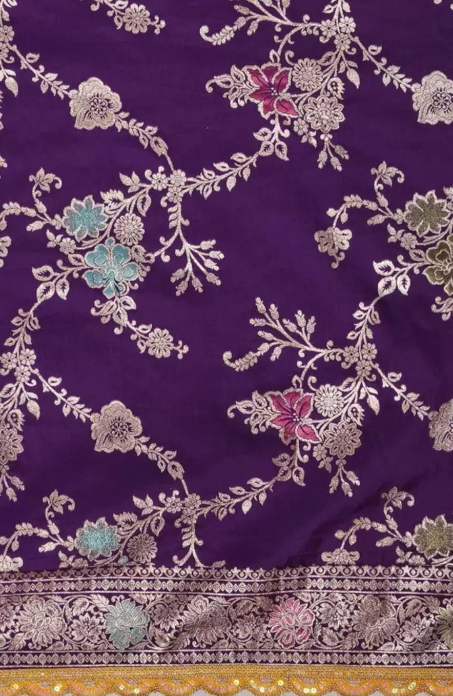 Purple Yellow Banarasi Saree with Ethnic Motifs Zari Woven Design Stunning Silk Saree with FREE Matching Petticoat for Bridal Festive Wear