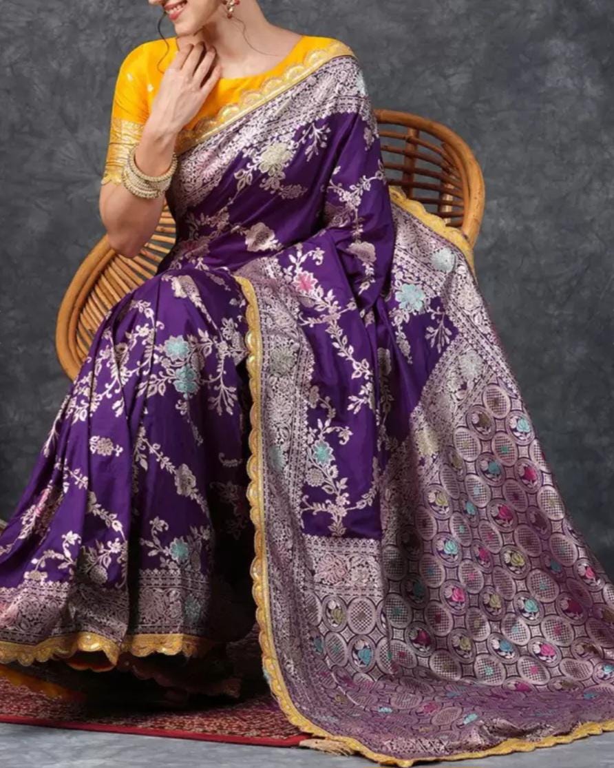 Purple Yellow Banarasi Saree with Ethnic Motifs Zari Woven Design Stunning Silk Saree with FREE Matching Petticoat for Bridal Festive Wear