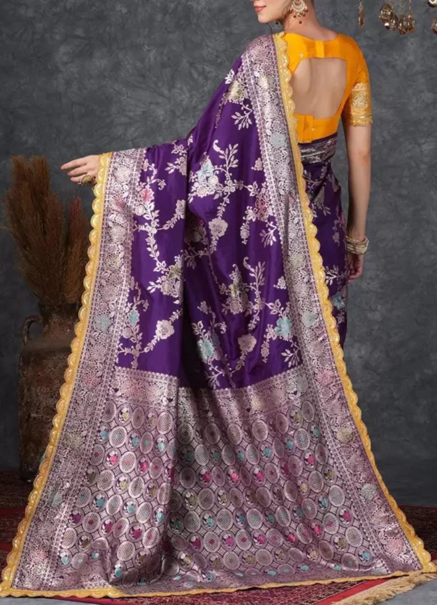 Purple Yellow Banarasi Saree with Ethnic Motifs Zari Woven Design Stunning Silk Saree with FREE Matching Petticoat for Bridal Festive Wear