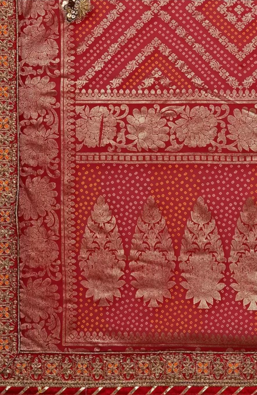 Exquisite Red Gold Toned Poly Georgette Bandhani Saree with Woven Design Embroidered Border Ideal for Weddings Pooja Celebrations