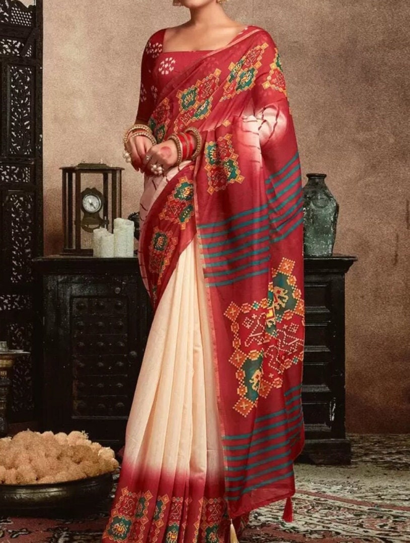 Maroon White Baluchari Saree with Ethnic Motifs Printed Border Bohemian Style Wedding Guest Partywear Festive Occasions Indian Saree for USA
