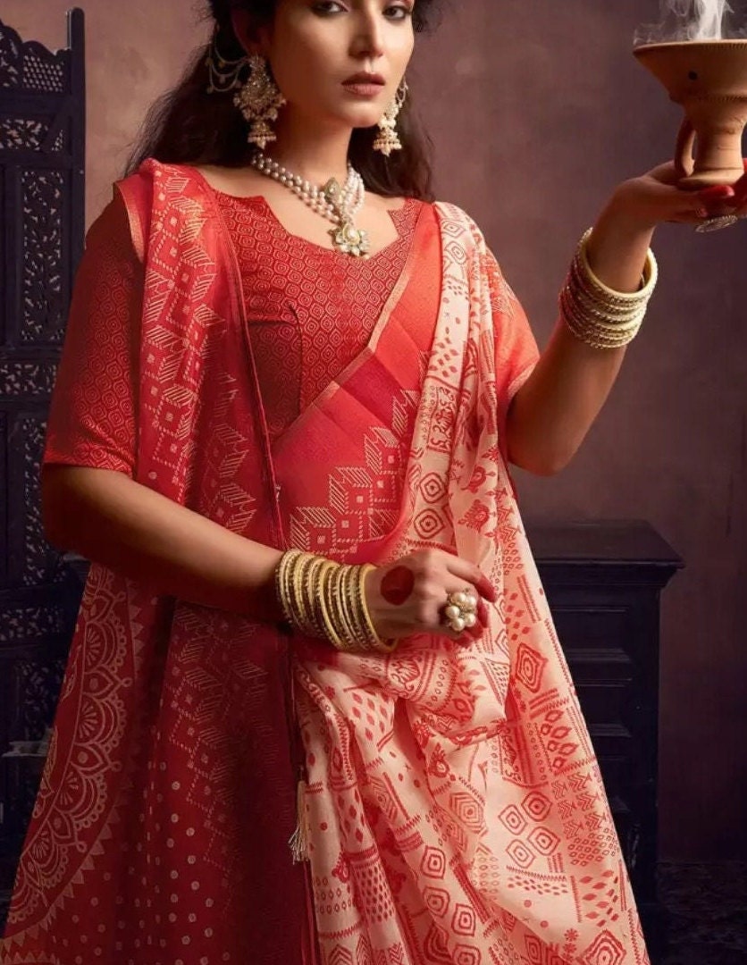 Red White Baluchari Saree Ethnic Motifs Printed Border Ideal Bohemian Style Wedding Guest Partywear Festive Occasions Indian Saree for USA