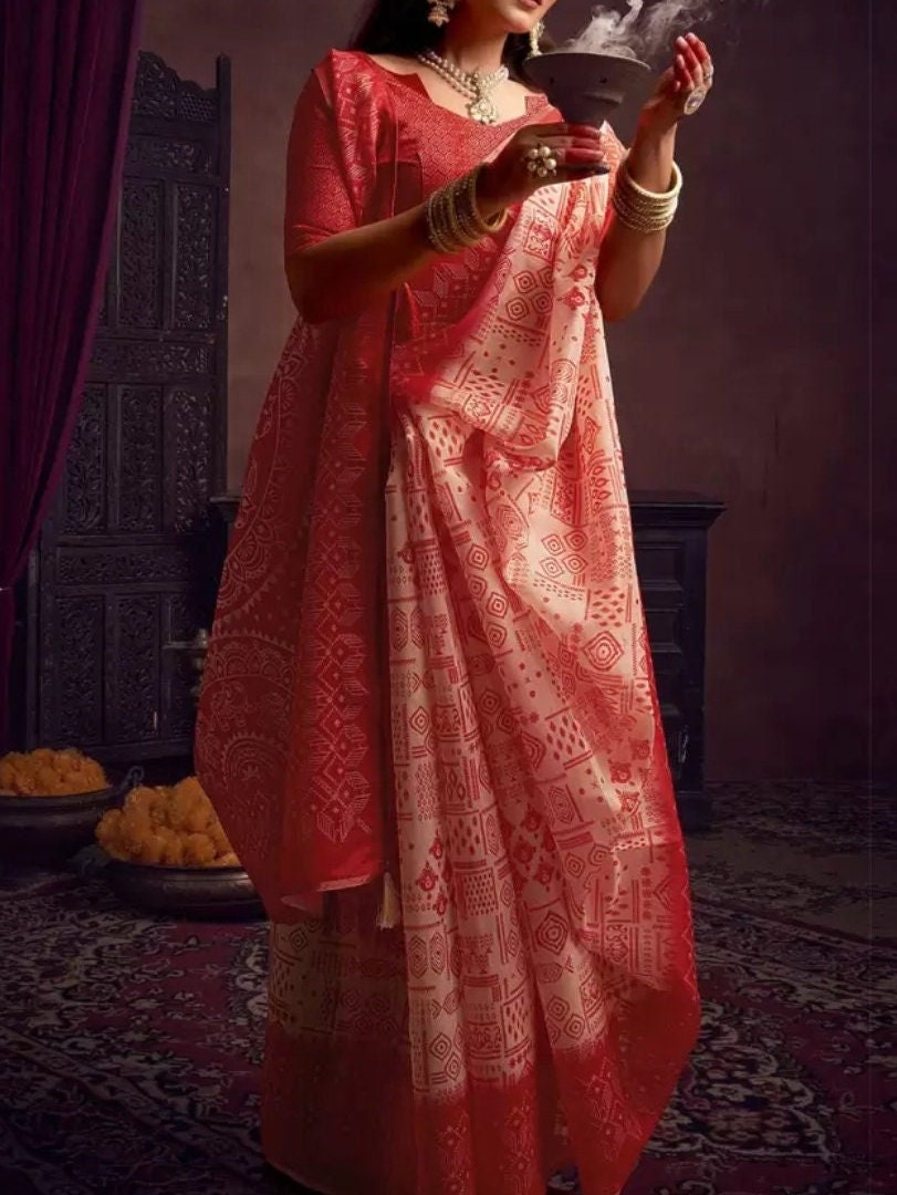 Red White Baluchari Saree Ethnic Motifs Printed Border Ideal Bohemian Style Wedding Guest Partywear Festive Occasions Indian Saree for USA