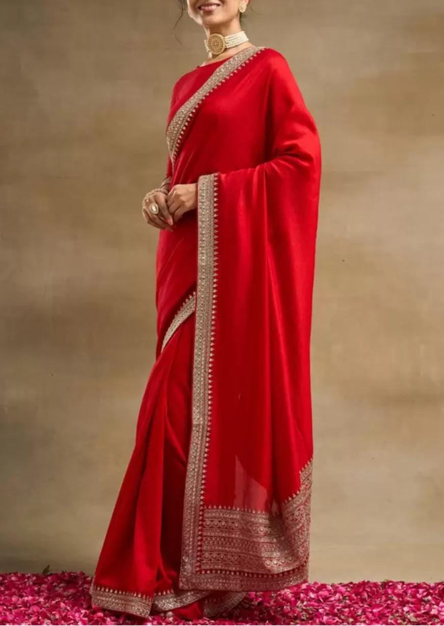 Exquisite Red Gold Toned Embroidered Pure Silk Saree with Solid Design Elegant Border Perfect for Weddings Festive Occasions Includes
