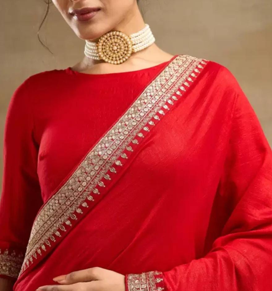 Exquisite Red Gold Toned Embroidered Pure Silk Saree with Solid Design Elegant Border Perfect for Weddings Festive Occasions Includes