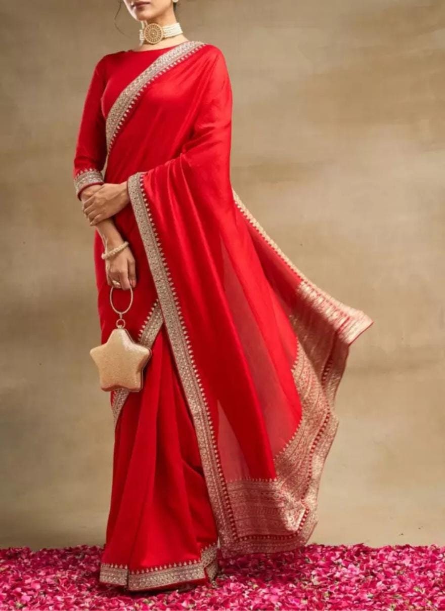 Exquisite Red Gold Toned Embroidered Pure Silk Saree with Solid Design Elegant Border Perfect for Weddings Festive Occasions Includes