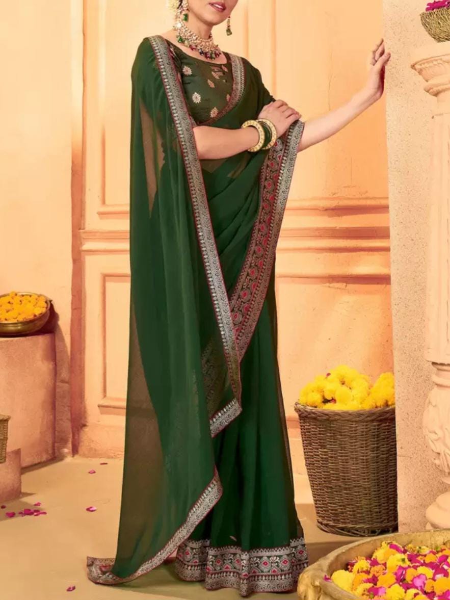 Elegant Green Gold Toned Pure Georgette Saree with Woven Design Border Blouse Piece FREE Matching Petticoat for Weddings Festive Occasions