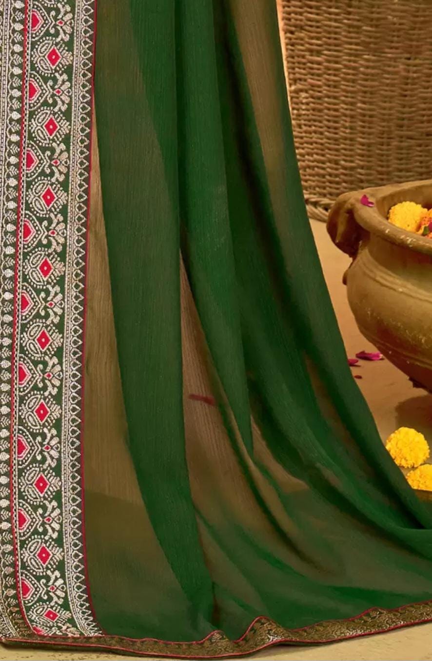 Elegant Green Gold Toned Pure Georgette Saree with Woven Design Border Blouse Piece FREE Matching Petticoat for Weddings Festive Occasions