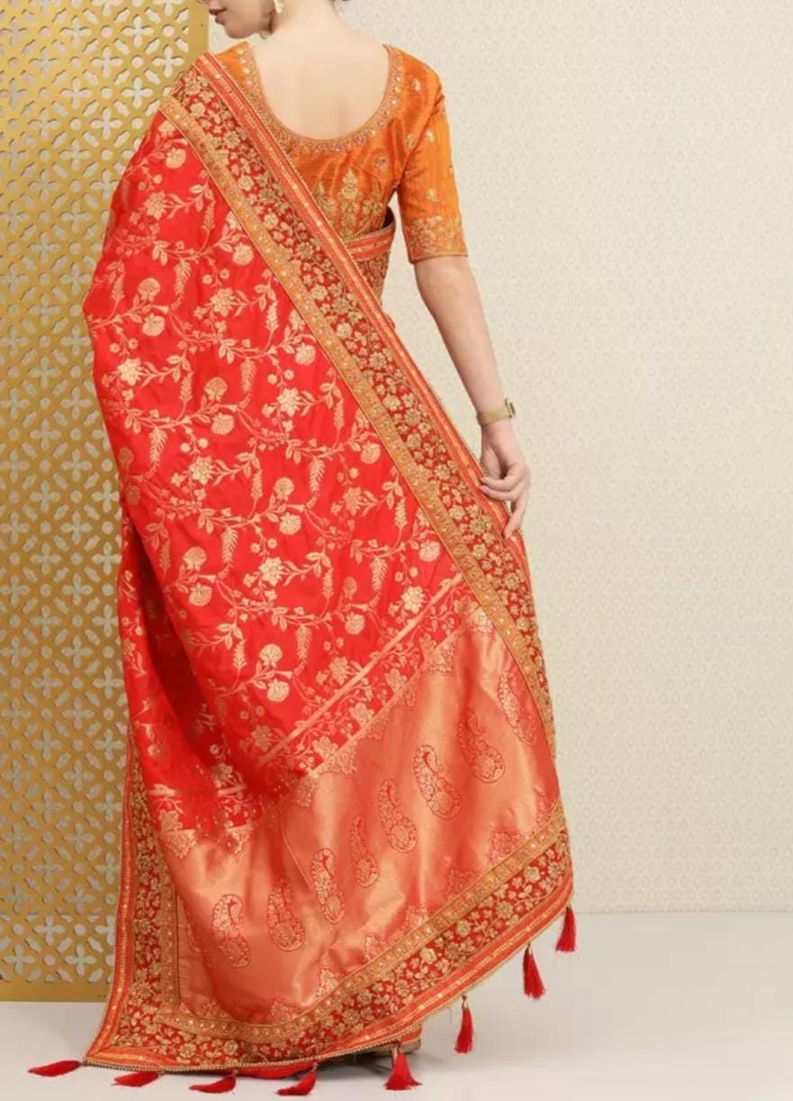 Luxury Red Gold-Toned Floral Sequinned Silk Blend Banarasi Saree with Traditional Zari Woven Design Perfect for Weddings Festive Occasions