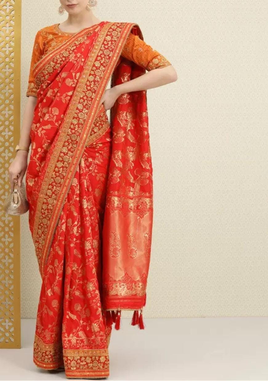 Luxury Red Gold-Toned Floral Sequinned Silk Blend Banarasi Saree with Traditional Zari Woven Design Perfect for Weddings Festive Occasions