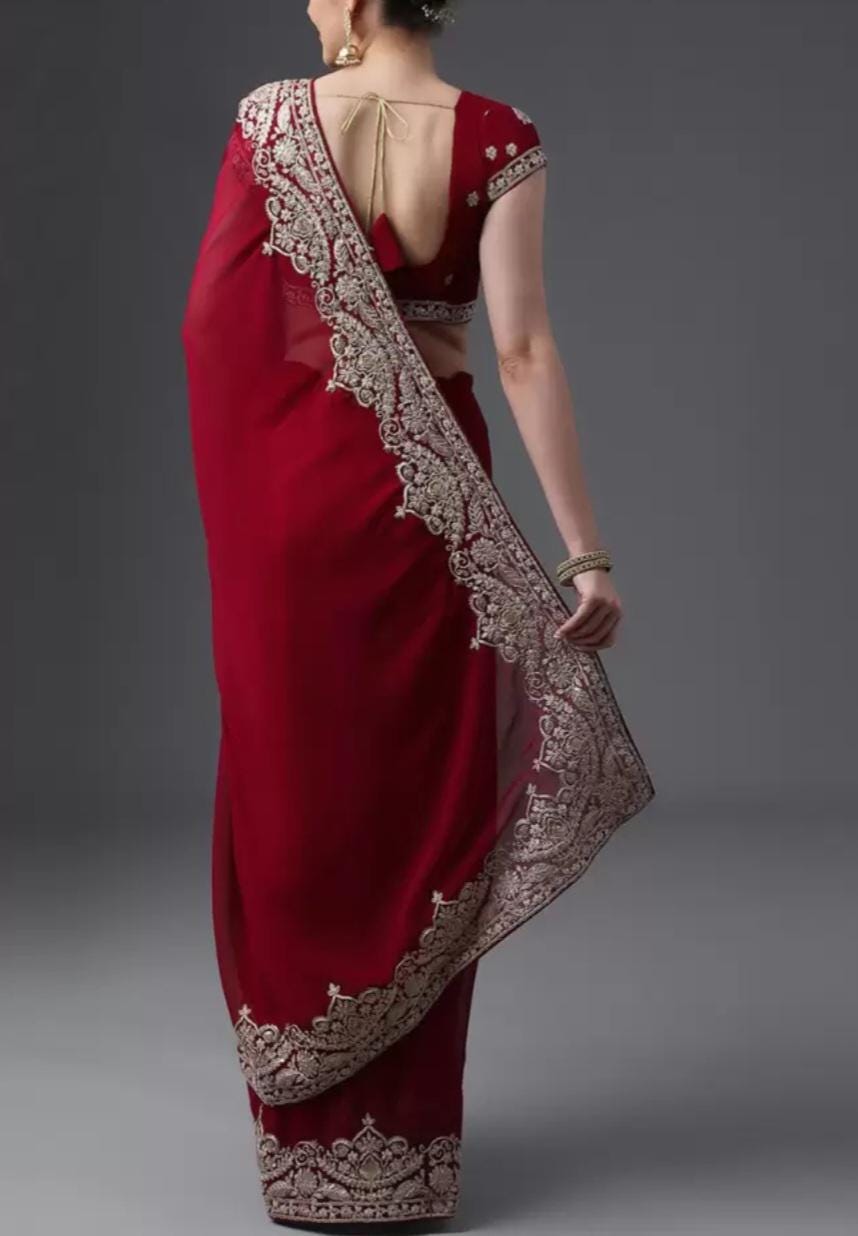 Elegant Maroon Silver Toned Embroidered Poly Georgette Saree Solid Design Embroidered Border for Party Wear Wedding Guests Festive Occasions