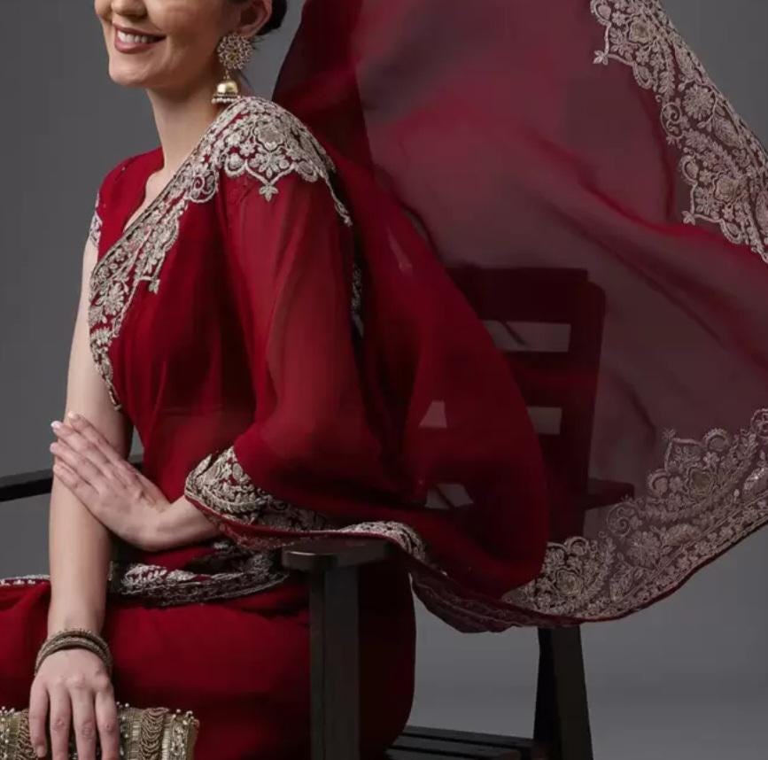 Elegant Maroon Silver Toned Embroidered Poly Georgette Saree Solid Design Embroidered Border for Party Wear Wedding Guests Festive Occasions