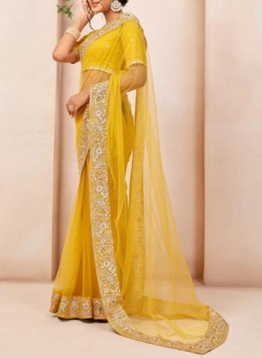 Mustard Embroidered Net Saree with Sequinned Border Detailing Bollywood Style Bridal Saree Includes Free Petticoat Ideal Weddings Party Wear