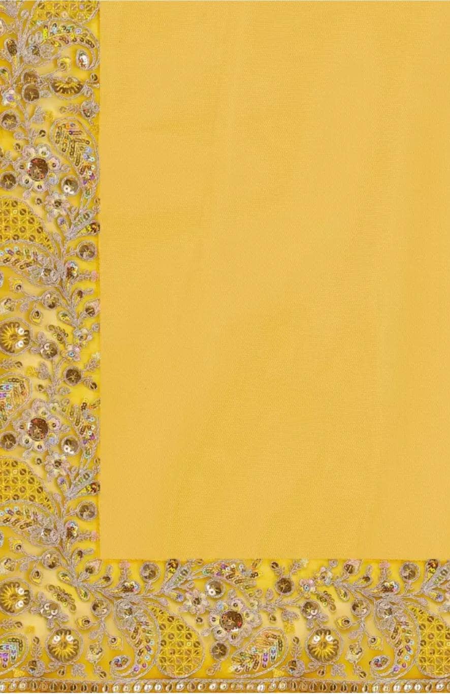 Mustard Embroidered Net Saree with Sequinned Border Detailing Bollywood Style Bridal Saree Includes Free Petticoat Ideal Weddings Party Wear
