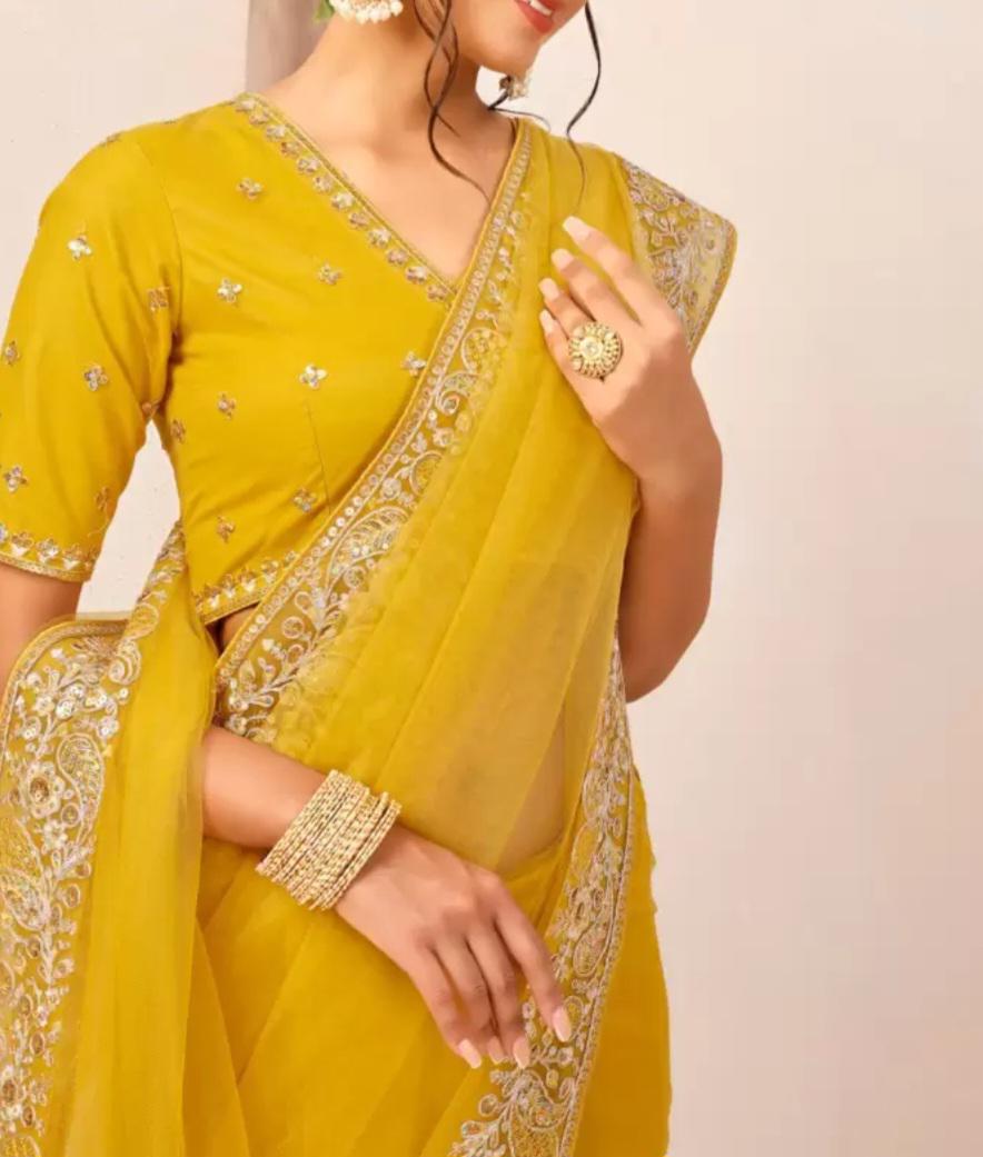 Mustard Embroidered Net Saree with Sequinned Border Detailing Bollywood Style Bridal Saree Includes Free Petticoat Ideal Weddings Party Wear