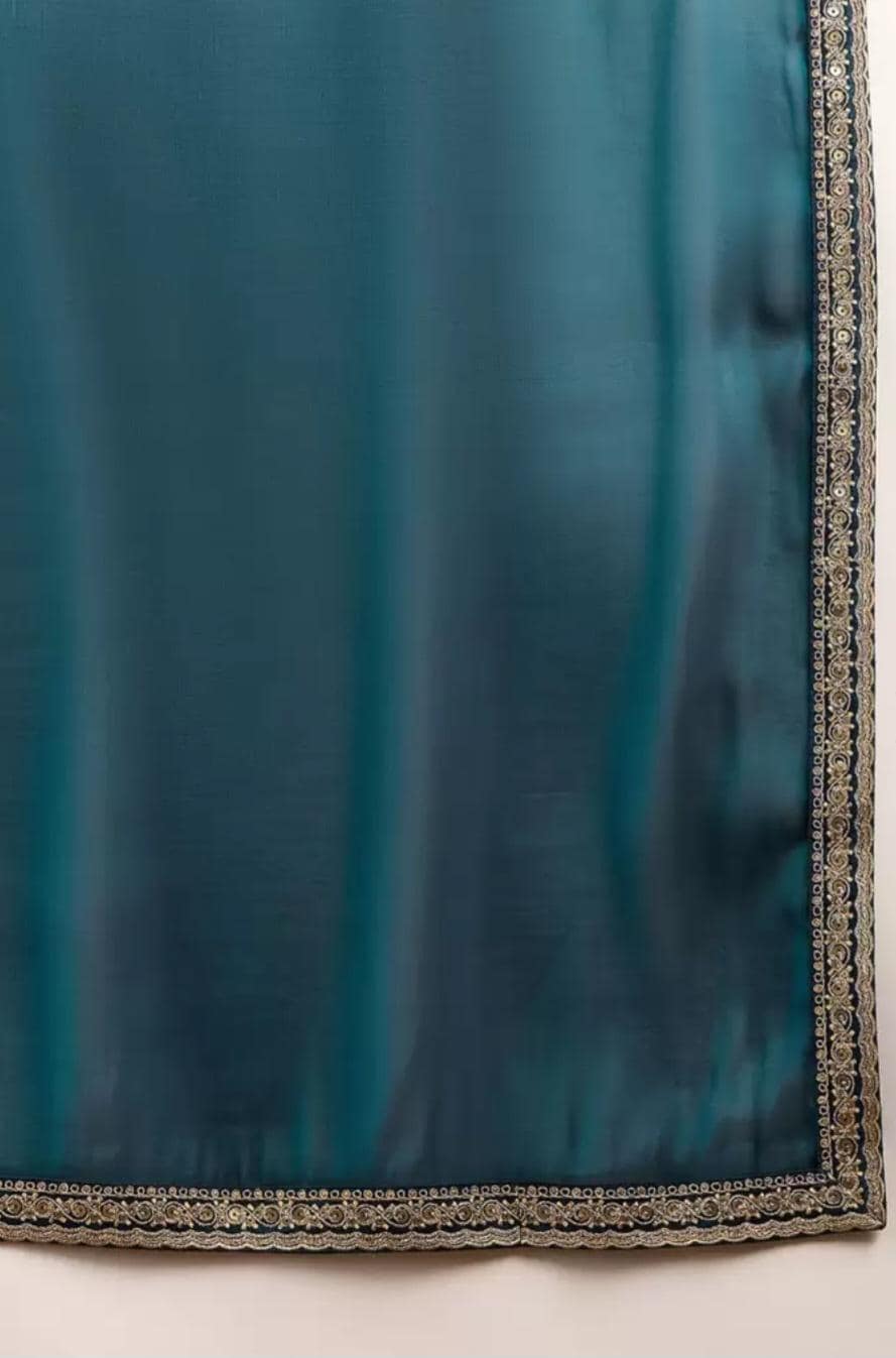 Blue Gold Satin Saree with Embroidered Border Luxurious Drape for Weddings Special Occasions Includes Free Petticoat – Ideal Gift for Her