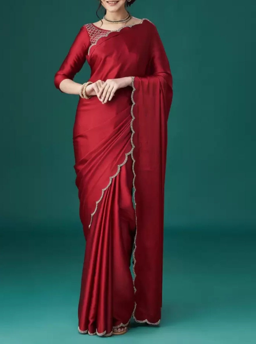 Maroon Silver-Toned Beaded and Stone Embellished Satin Saree with Free Matching Petticoat Satin Blouse Ideal for Weddings Festive Occasions