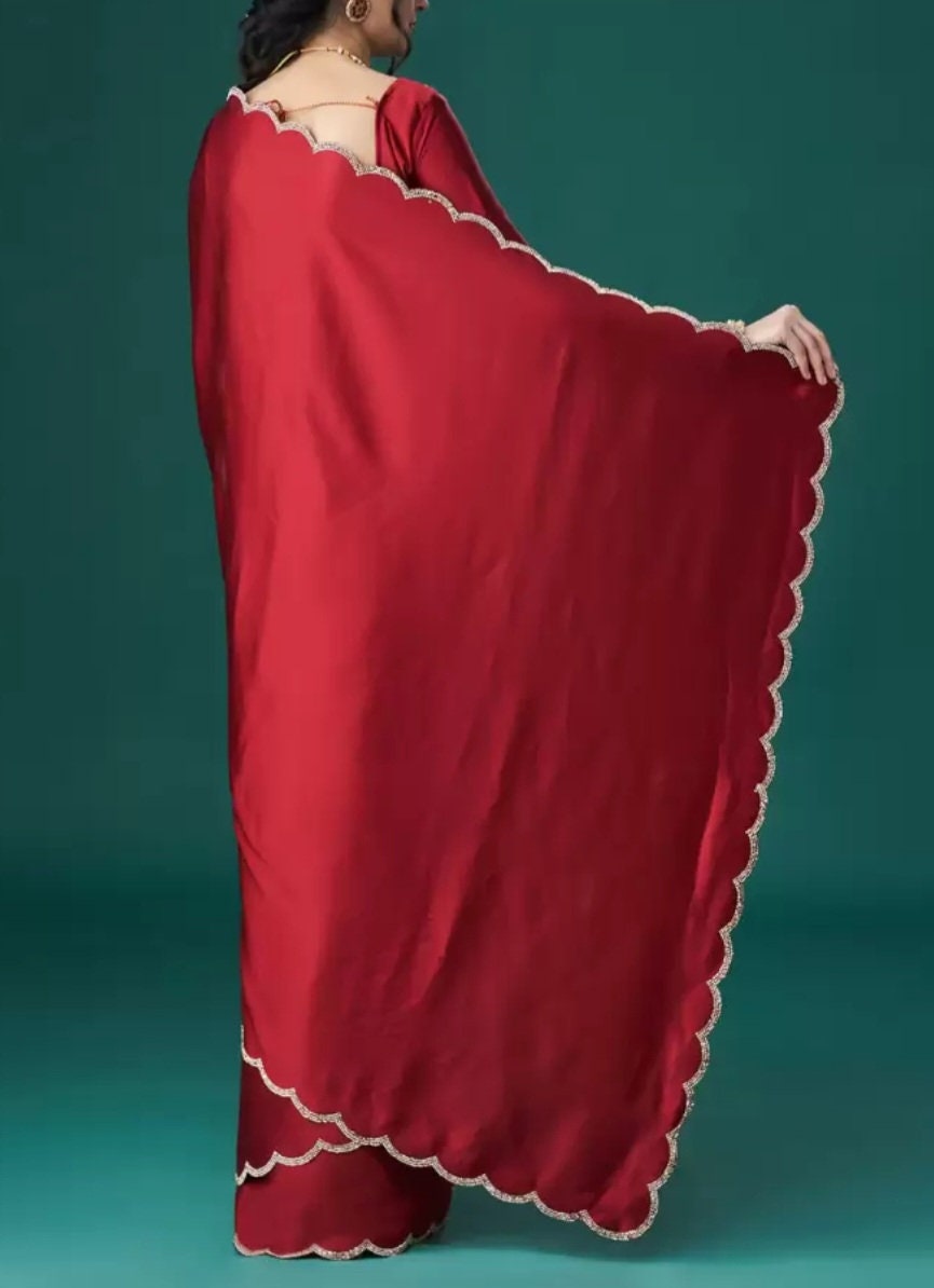 Maroon Silver-Toned Beaded and Stone Embellished Satin Saree with Free Matching Petticoat Satin Blouse Ideal for Weddings Festive Occasions