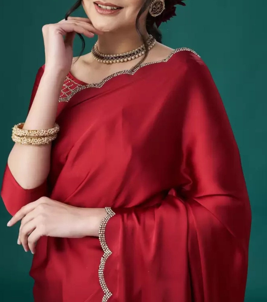 Maroon Silver-Toned Beaded and Stone Embellished Satin Saree with Free Matching Petticoat Satin Blouse Ideal for Weddings Festive Occasions