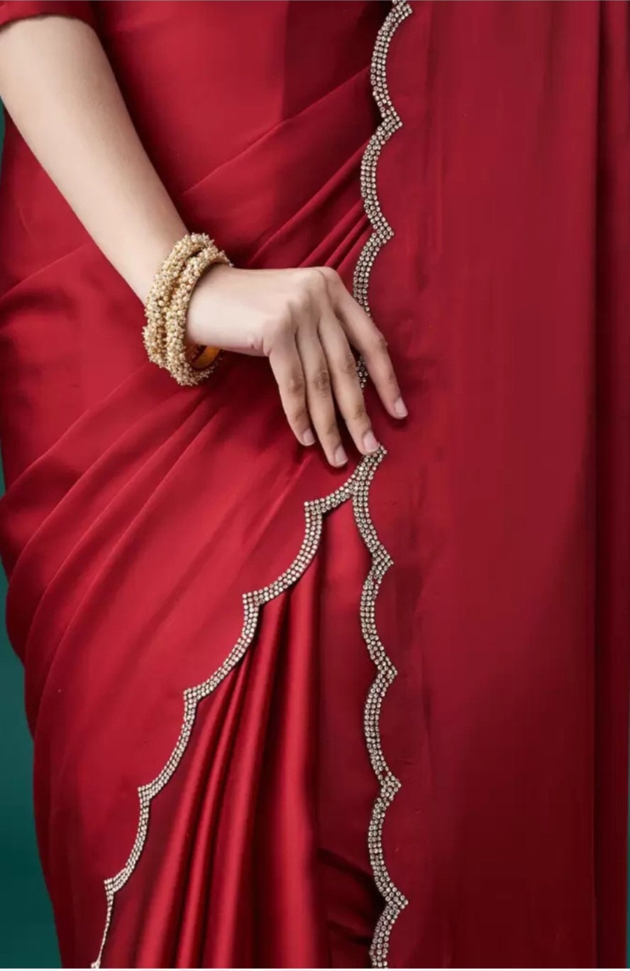 Maroon Silver-Toned Beaded and Stone Embellished Satin Saree with Free Matching Petticoat Satin Blouse Ideal for Weddings Festive Occasions